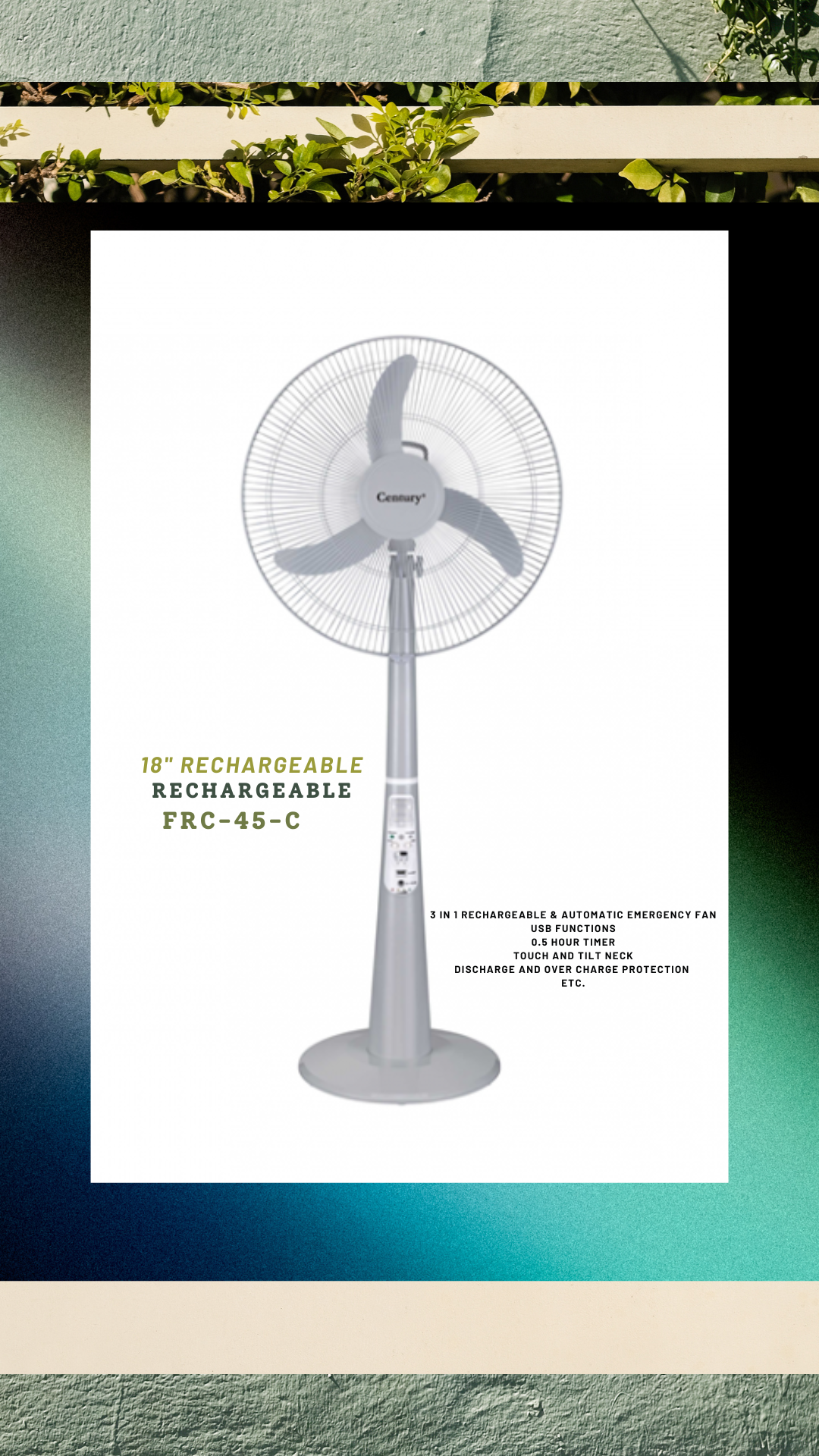Century 18 Inch Rechargeable Fan(3 Blades)FRC-45-C
